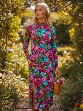 FUTURE COLLECTIVE Kahlana Barfield Brown Mock Neck Long Sleeve Floral Dress